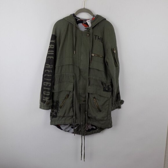 True Religion Parka Jacket Military Army Green Size Small Linen Blend Hooded - Picture 4 of 10